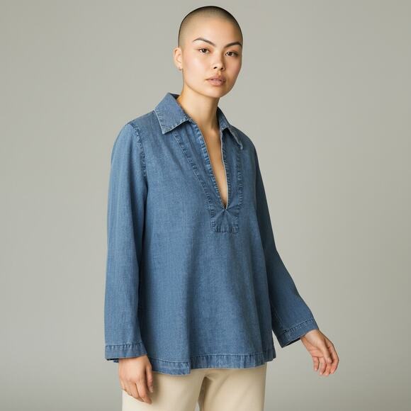 Nili Lotan Paulette Cotton Chambray Blue Shirt Top Blouse Size Medium